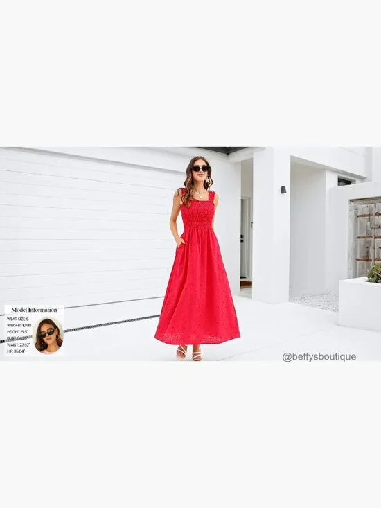 Sleeveless Cotton Maxi Dress with Lace, Smocked Waist, Pockets - Picture 7 of 7